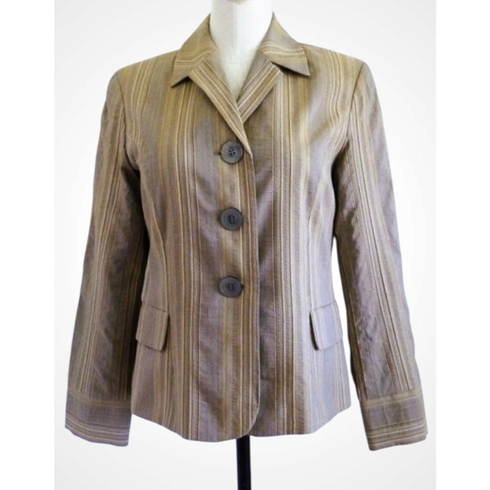 J. Jill Women's Striped Beige & Gray 3-Button Lined Classic Blazer Wool Blend 6